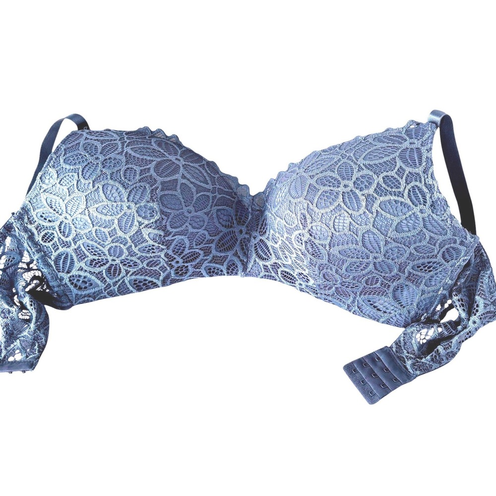 René Rofé Blue-Gray Floral Lace Underwire Bra 38DD Molded Cup Coquette Sexy Chic
